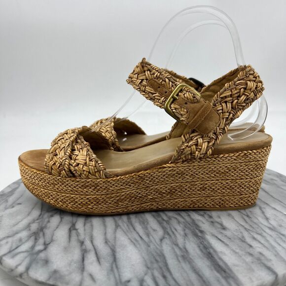 Stuart Weitzman Womens 7.5 Sandals Camel Crochet Braid Wedge Espadrille Platform - Picture 4 of 12